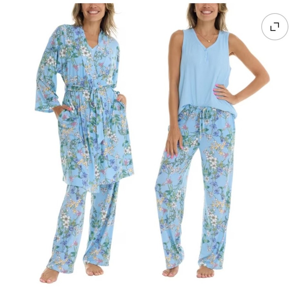 New Flora Nikrooz Women's 3-piece Pajama Robe Set Blue Floral Medium (8-10) - Picture 4 of 12
